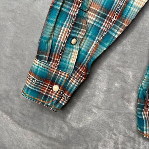 Rough Stock Panhandle Slim Shirt Mens Medium Pearl Snap Turquoise Brown Plaid - Picture 7 of 14